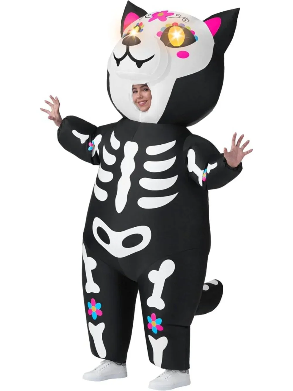 LED Eyes Inflatable Skeleton Cat Costume for Adults - Full Body Halloween Fun